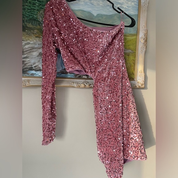 Y2K One sleeve cutout Pink Sequin Bodycoon dress size Small NWOT - Picture 3 of 4